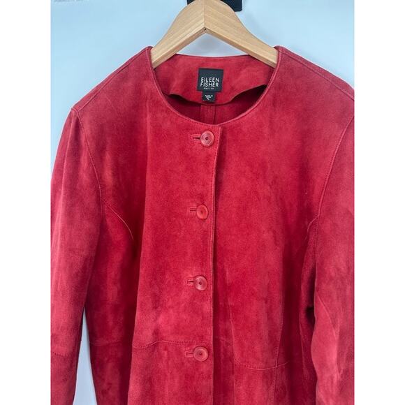 Eileen Fisher Petite Large Deep Rich Red Button Goat Suede Leather Blazer Jacket - Picture 2 of 9